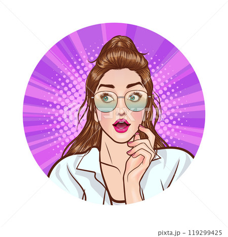 Avatar of woman or business person in various poses, circle background, pop art comics style Avatar of woman or business person in various poses, circle background, pop art comics style 119299425