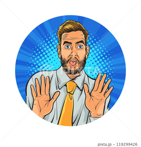 Avatar of man or business person in various poses, circle background, pop art comics style Avatar of man or business person in various poses, circle background, pop art comics style 119299426