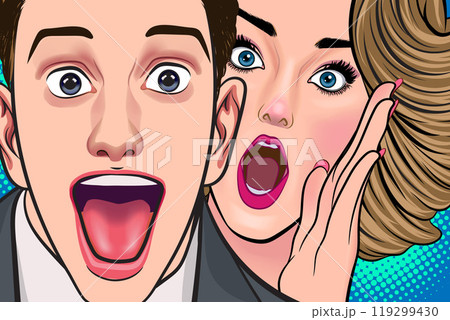 Woman whispering gossip or secret to her friend surprise In Retro Vintage Pop Art Comic Woman whispering gossip or secret to her friend surprise In Retro Vintage Pop Art Comic 119299430