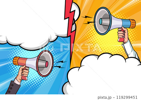 Hand holds megaphone bullhorn in retro pop art comic style Loudspeaker Business banner Hand holds megaphone bullhorn in retro pop art comic style Loudspeaker Business banner 119299451