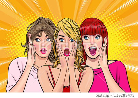 Woman whispering gossip secret to her friend surprise In Retro Vintage Pop Art Comic Style Woman whispering gossip secret to her friend surprise In Retro Vintage Pop Art Comic Style 119299473
