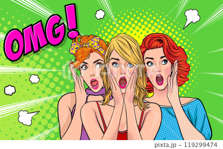 Woman whispering gossip secret to her friend surprise In Retro Vintage Pop Art Comic Style Woman whispering gossip secret to her friend surprise In Retro Vintage Pop Art Comic Style 119299474