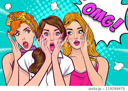 Woman whispering gossip secret to her friend surprise In Retro Vintage Pop Art Comic Style 119299478