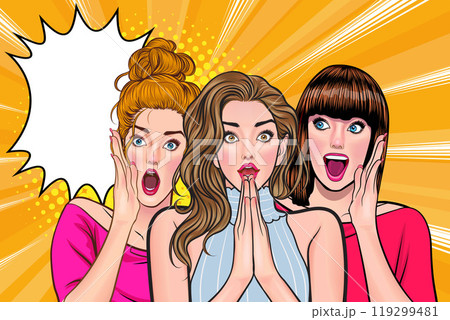 Woman whispering gossip secret to her friend surprise In Retro Vintage Pop Art Comic Style 119299481