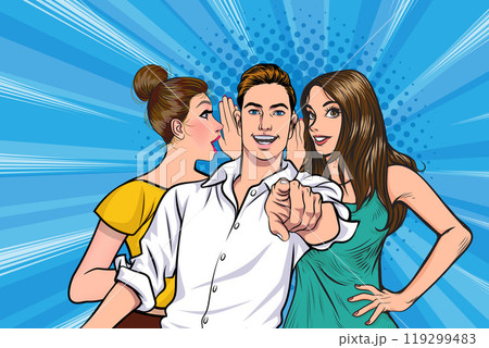 people whispering gossip or business secret to friend surprised In Retro Vintage Pop Art Comic Style 119299483