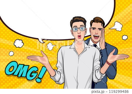 business people whispering gossip or business secret to friend surprised In Retro Vintage Pop Art Comic Style 119299486