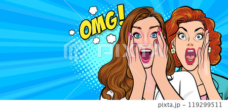 Woman whispering gossip secret to her friend surprise In Retro Vintage Pop Art Comic Style 119299511