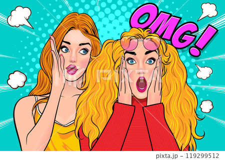 Woman whispering gossip secret to her friend surprise In Retro Vintage Pop Art Comic Style 119299512