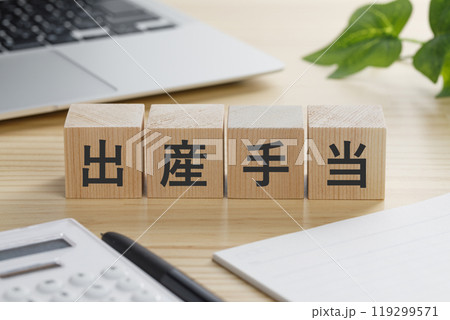 出産手当と書かれた積み木のブロック 出産手当と書かれた積み木のブロック 119299571