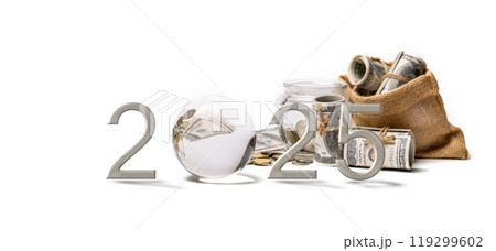 the year 2025 with a focus on finance and economic prosperity. The large silver "2025" serves as a prominent marker of the future. 119299602