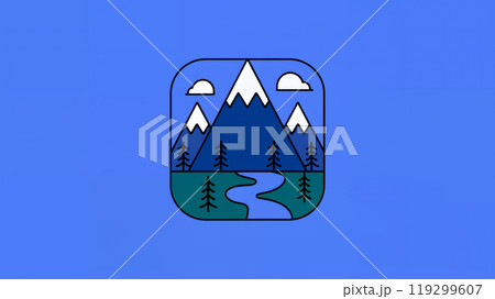 illustration of a web icon with a mountainous landscape with mountains, trees, and a winding river 119299607