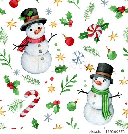 Christmas watercolor seamless pattern. cute baby snowman print	 119300273