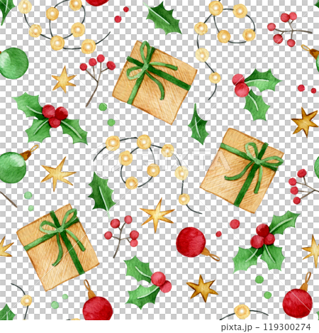 cute christmas watercolor pattern with gifts, candies. seamless print for children, cartoon 119300274