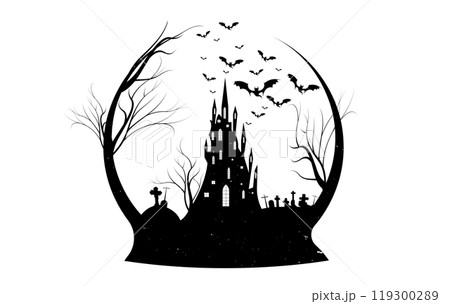 Halloween Party, a spooky silhouette of a haunted house on a hill with bats, castle and cemetery, dark night logo label vector illustration. Scary party invitation flyer template with horror symbols 119300289