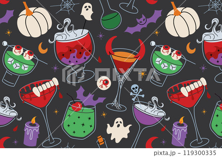 Halloween drinks pattern with spooky cocktails, ghosts, pumpkins, and bats. Creepy seamless design for Halloween parties and seasonal decorations. Vector illustrations in flat cartoon style 119300335