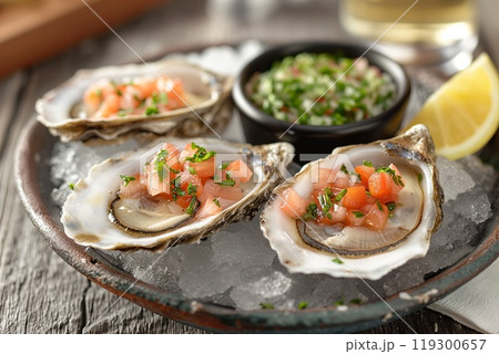 Indulge in Gourmet Oysters, beautifully prepared with Fresh Salsa and delightful Garnishes 119300657
