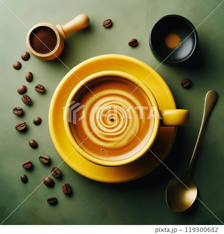 Yellow cup of coffee on isolated brown concrete background close up, banner Yellow cup of coffee on isolated brown concrete background close up, banner 119300682