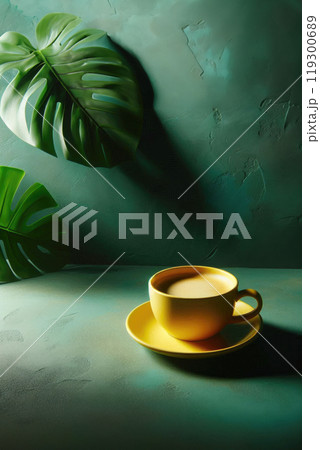 Yellow cup of coffee on isolated brown concrete background close up, banner 119300689