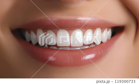 Close up of a smiling young woman's teeth. Dentistry concept. 119300733