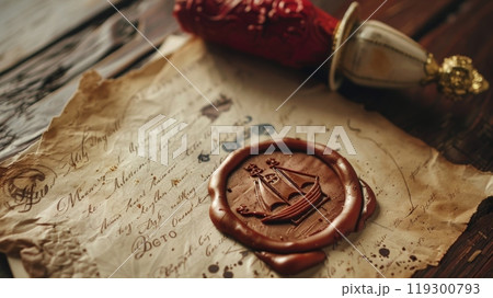 A lavish invitation sealed with a wax emblem of a sailing ship and a crown inviting the elite to a grand ball at a prestigious country estate 119300793