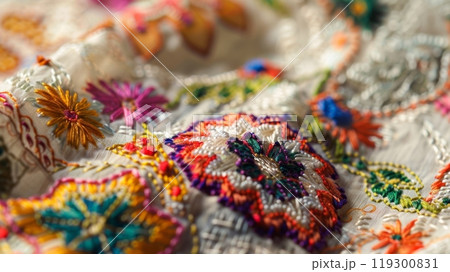 The precision and attention to detail in the embroidery on a sustainable cotton blouse is apparent in a zoomedin image. The use of natural dyes and locally sourced materials makes thi 119300831