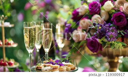 A luxurious garden party with a rich color palette of deep purples emerald greens and shimmering gold accents. Guests are sipping on Champagne and enjoying delectable canapés whil A luxurious garden party with a rich color palette of deep purples emerald greens and shimmering gold accents. Guests are sipping on Champagne and enjoying delectable canapés whil 119300917