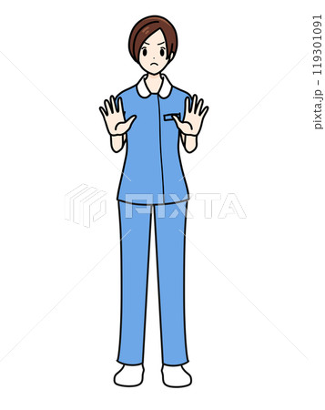 女性看護師の正面立ちポーズ　パンツスタイル　青　拒否するポーズ 119301091