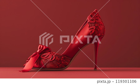 A striking red peeptoe stiletto with delicate lace overlay and a handcrafted satin bow showcasing impeccable craftsmanship 119301106