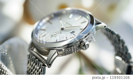 A traditional roundfaced watch with a silver mesh band adorned with intricate detailing on the bezel. This classic timepiece is the epitome of refined sophistication 119301108