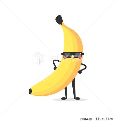 Cute cartoon banana character wearing sunglasses. Banana fruit mascot. Vector illustration 119301126