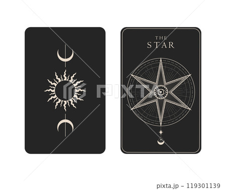 Tarot card of Major Arcana the Star. Tarot card in front and reverse side. Tarot symbolism. Mystery, astrology, esoteric. Vector illustration Tarot card of Major Arcana the Star. Tarot card in front and reverse side. Tarot symbolism. Mystery, astrology, esoteric. Vector illustration 119301139
