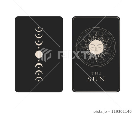 Tarot card with reverse side. The Sun Major Arcana symbol. Tarot symbolism. Mystery, astrology, esoteric. Vector illustration Tarot card with reverse side. The Sun Major Arcana symbol. Tarot symbolism. Mystery, astrology, esoteric. Vector illustration 119301140