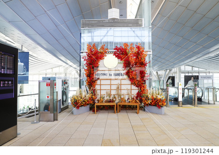 羽田空港第3ターミナルの撮影スポット　秋模様の出発ロビーで、はいポーズ  ぼかし有り 119301244