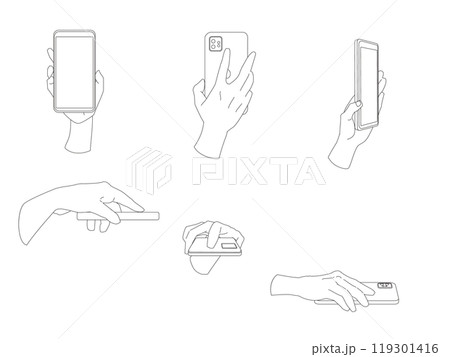 スマホ画面を見せたりかざしたりする手のモノクロ線画イラストセット スマホ画面を見せたりかざしたりする手のモノクロ線画イラストセット 119301416