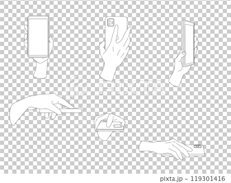 スマホ画面を見せたりかざしたりする手のモノクロ線画イラストセット スマホ画面を見せたりかざしたりする手のモノクロ線画イラストセット 119301416