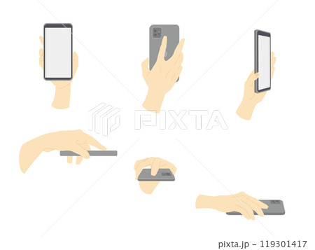 スマホ画面を見せたりかざしたりする手のカラー線少なめイラストセット 119301417