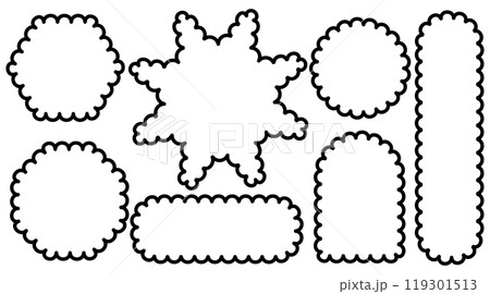 Set of scallop edge frames shapes isolated on white background. Zigzag wavy forms. Square, rectangle, circle, oval border. Decorative collection. Abstract design tag, stickers. Vector illustrations. Set of scallop edge frames shapes isolated on white background. Zigzag wavy forms. Square, rectangle, circle, oval border. Decorative collection. Abstract design tag, stickers. Vector illustrations. 119301513