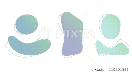 Blue green liquid halftone drops water shapes set, splashes collection. Paint spot, blot, rain puddle, oil blobs. Irregular abstract graphic design elements Transparent background. Vector illustration 119301521