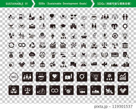 Icon set of SDGs (Sustainable Development Goals). Illustrations related to sustainability and ecology. Icon set of SDGs (Sustainable Development Goals). Illustrations related to sustainability and ecology. 119301537