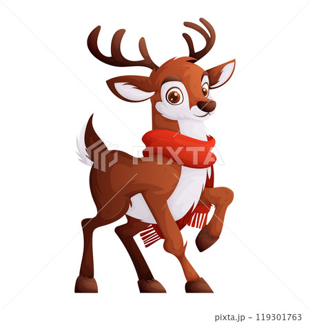 Illustration of a playful cartoon reindeer wearing a red scarf, standing on one leg, perfect for Christmas and winter holiday themes. 119301763