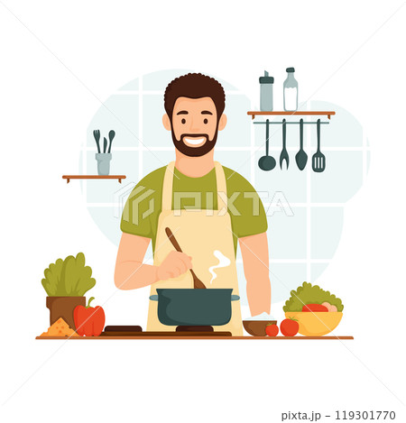 Illustration of a cheerful male chef cooking in the kitchen, stirring a pot on the stove with fresh vegetables and kitchen utensils nearby. 119301770