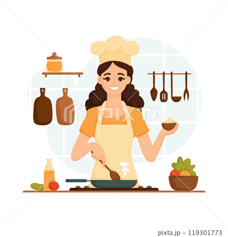 Illustration of a happy female chef in the kitchen, stirring food in a pan and holding a bowl of spices, surrounded by fresh ingredients. 119301773