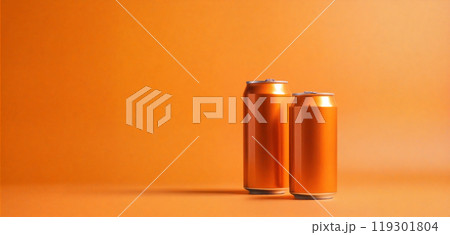 Two orange aluminum cans standing on orange background Two orange aluminum cans standing on orange background 119301804