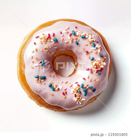 Delicious donut lying on white background with pink icing and sprinkles 119301805