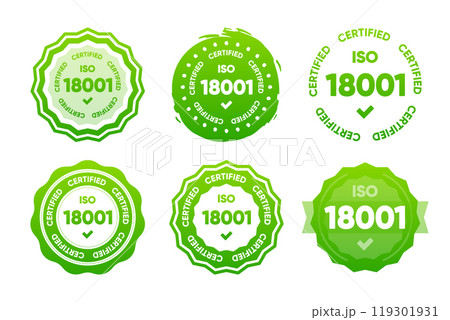 18001 Iso certified standarts collection. International Organization for Standardization stamp. Vector illustration. 119301931