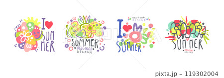 Summer Bright Original Design Label with Hand Drawn Element Vector Set 119302004