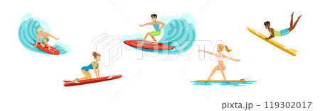 Man and Woman Surfer Ride Ocean Wave on Surfboard Vector Set 119302017
