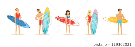 Man and Woman Surfer Standing with Surfboard Vector Set 119302021