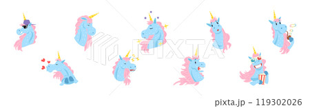 Funny Unicorn Character with Horn and Different Emotion Vector Set 119302026