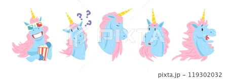 Funny Unicorn Character with Horn and Different Emotion Vector Set 119302032